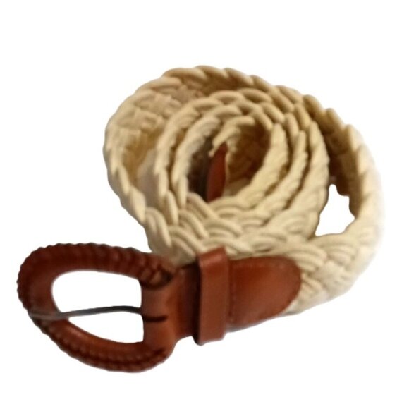 Vintage Ladies Braided Cream Cloth & Brown Leather Tip and Buckle Belt - Picture 2 of 5
